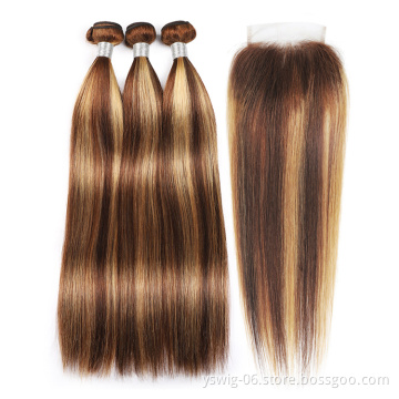 Brazilian Ombre Hair Bundles With Lace Closure Cheap Wholesale Price Highlight p4/27 Piano Color Remy Hair Bundles With Closure